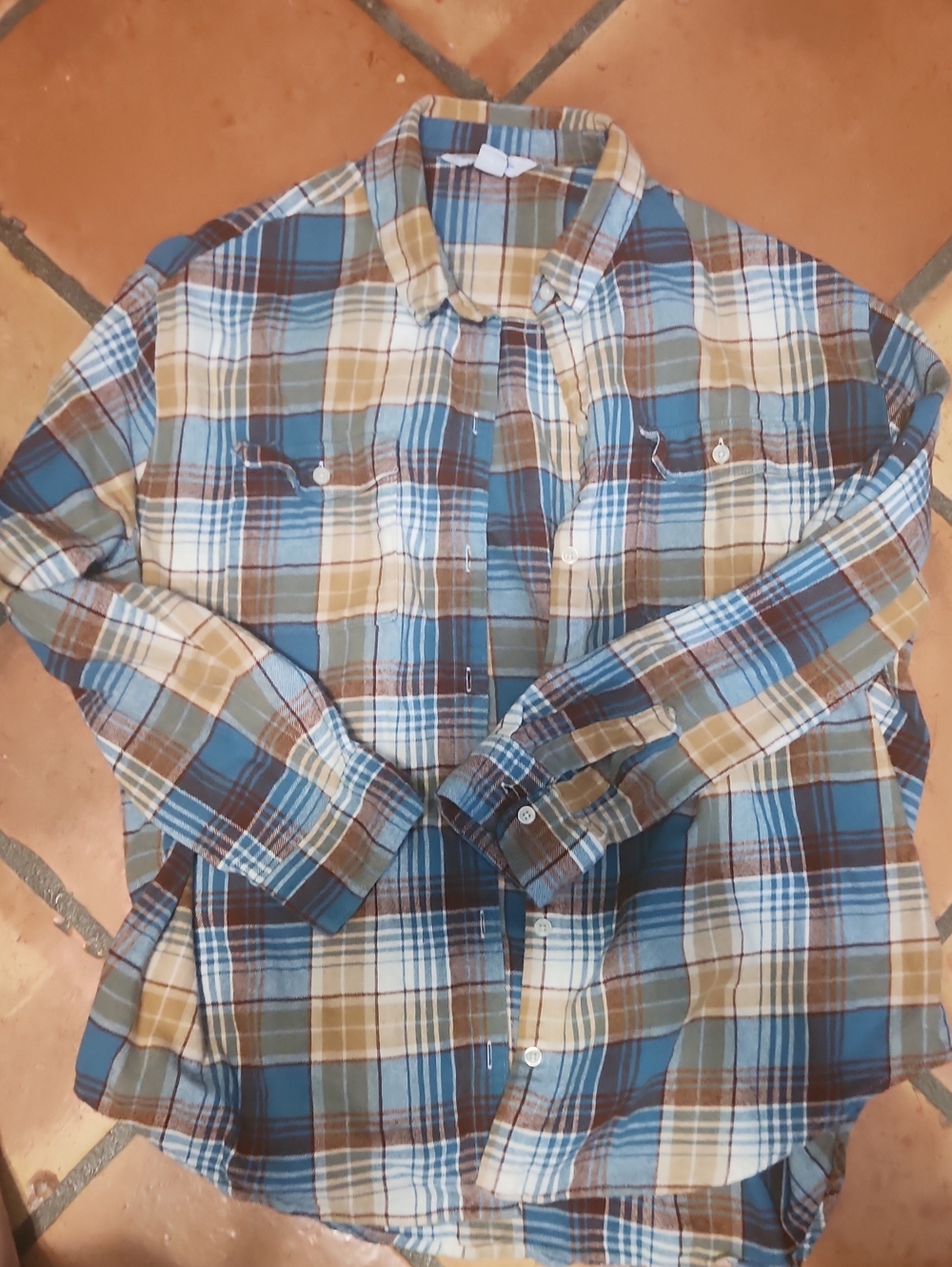 Old Navy Blue, Brown & Cream Plaid Button-Down Shirt
